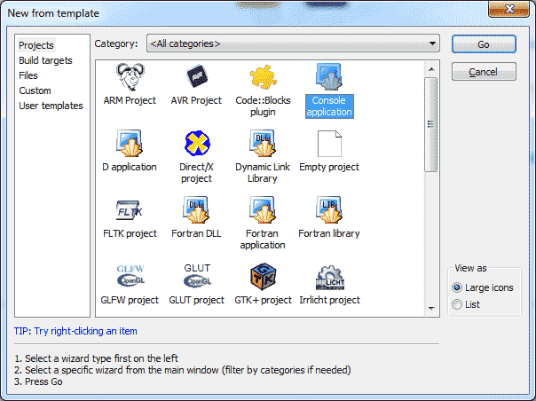 Code::Blocks Okno dialogowe projektu