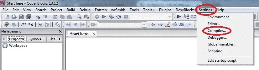 Code::Blocks Settings > Kompilator