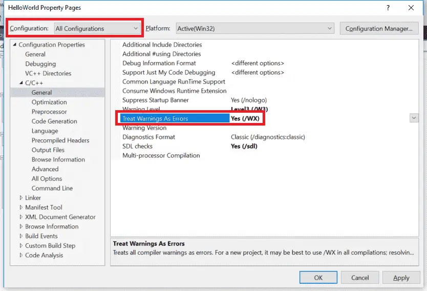 Traktuj ostrzeżenia jako błędy