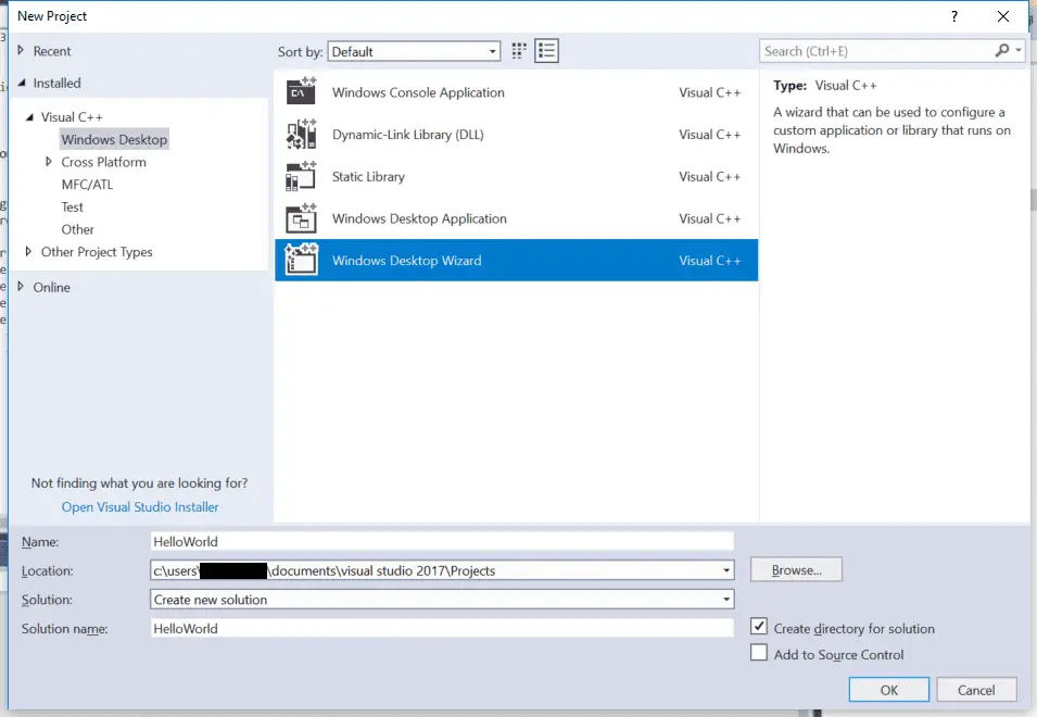 Okno dialogowe Nowy projekt Visual Studio 2017