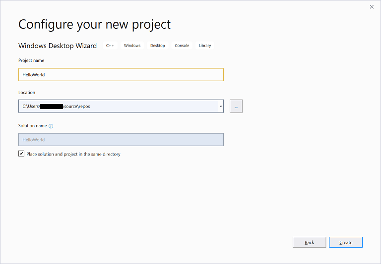 Okno dialogowe Visual Studio 2019 Konfiguruj nowy projekt