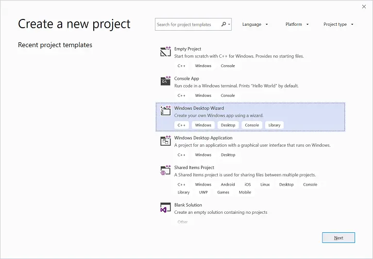 Visual Studio Okno dialogowe Utwórz nowy projekt 2019